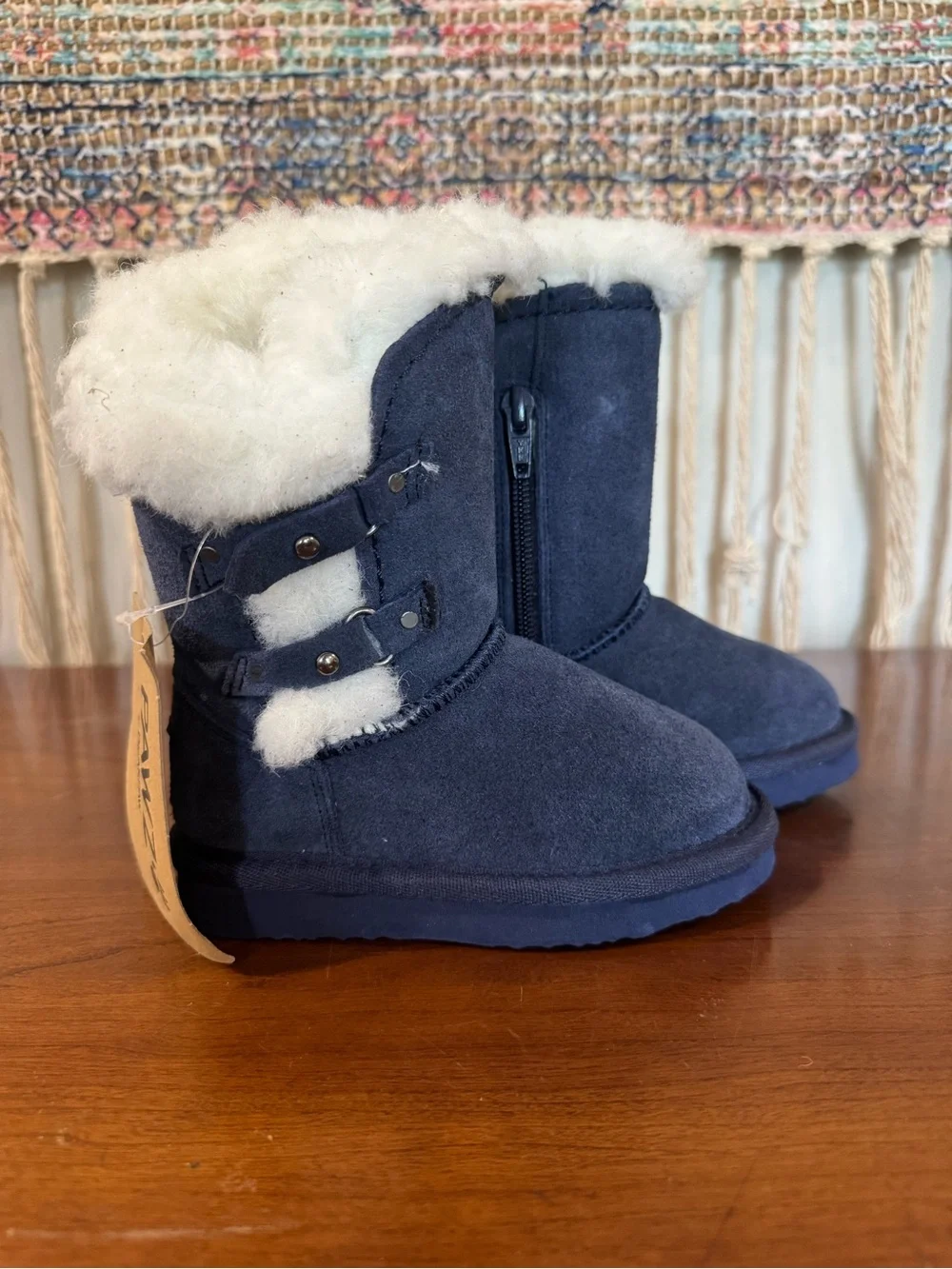 BearPaw Navy Kids Faux-Shearling Boot with White Trim